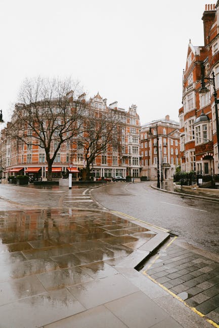 An empty urban street scene featuring a wet pavement and road surface, reflecting the overcast sky and surrounding buildings. In the foreground, a section of tiled sidewalk slopes gently toward the street, with a metal drainage grate visible near the curb. The middle ground shows a curved, damp asphalt road with faint yellow line markings along the edge. On the left side, there are two leafless trees with thin, dark branches extending upward, positioned in front of multi-storey Victorian-style buildings constructed from red brick with white window frames and detailed masonry. These buildings have prominent bay windows, decorative cornices, and some with rooftop chimneys. A few parked cars are visible near the buildings, and the scene appears to be in a quiet, residential or commercial area during a rainy day, suggesting the possibility of recent rubbish collection or private waste handling by local businesses or residents, as indicated by the surroundings and the context of rubbish removal services. The overall lighting is diffuse, typical of an overcast winter day in Mayfair, contributing to a subdued, neutral atmosphere.